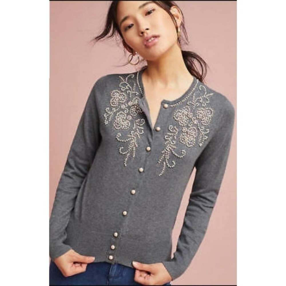 New Anthropologie Pearl Embellished Gray Cardigan - Picture 5 of 5